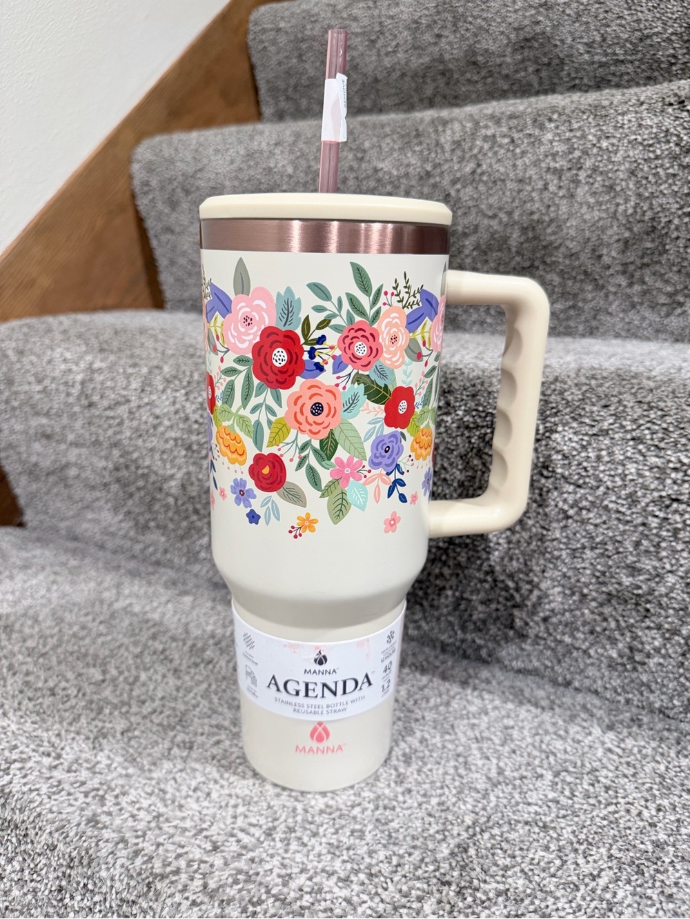 Agenda Floral Cream Travel Mug with Pink Straw